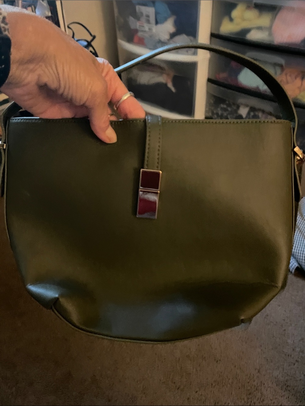 Olive Green Faux Leather Top-Handle Shoulder Bag